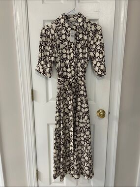 LOFT Cream and Brown Floral Shirt Midi Dress